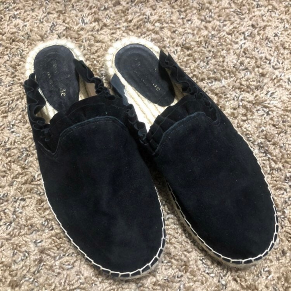 Kate Spade Laila black suede ruffle slip on espadrille mules